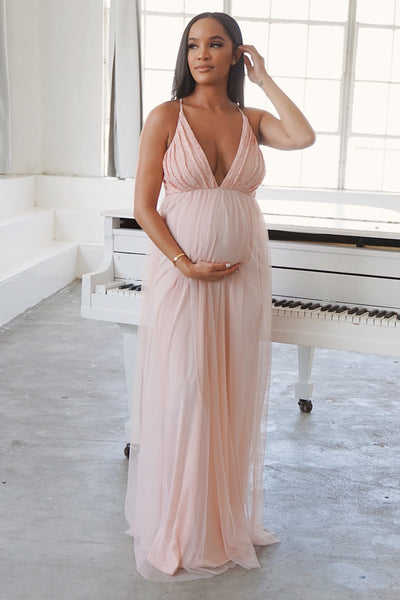 Beige Spaghetti Strap Maternity Gown ...